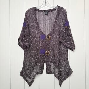 Katie Todd Purple Sheer Mesh Handkerchief Hem Button Top Medium Boho